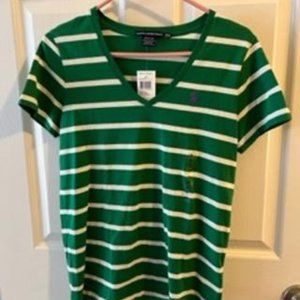 Women's green/white striped polo shirt; size M, Ralph Lauren Sport